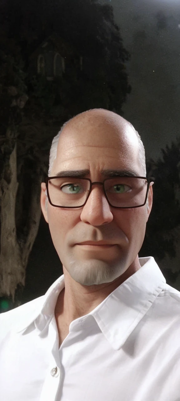 Home 40 years without hair, sem beard, with white shirt and green eyes, super moon background