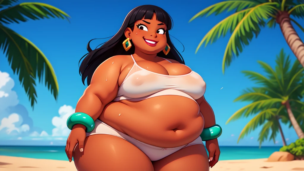 (work of art:1.2, best qualityer:1.2), soft ambient lighting, perfect lighting, 1 girl, standing alone, Chel, Bblack hair, long hair, rhombus stripe, eyes browns, darkskin, lipstick, breasts big, Broad Hips, top of the tube, neckleace, bared shoulders, emerald earrings, emerald bracelets, looking at the camera with a smug expression on his face, beach background, very large body, fat belly rolls, big breasts, sexy smile, fat arms, thunder thighs, super fat, looking at viewer, wet clothes, sweating very hard, sexy looking, blob