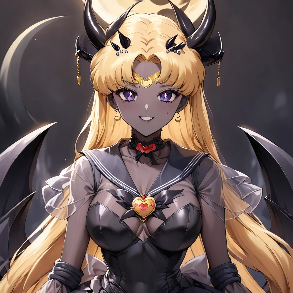 ((Highest quality)), ((masterpiece)), (detailed), （Perfect Face）、The woman is the Dark Queen of the Black Moon of the Black Moon Clan, a demon warrior of lust and evil, the Demon Queen Devil Sailor Moon, and the woman is a sexy female demon with jet black skin, Devil Sailor Moon.、The woman is a jet-black female demon with magnificent devil horns, jet-black devil wings, and a jet-black tail, her skin is jet-black, and she has a black inverted crescent moon mark on her forehead, and her gorgeous black skin is visible through her black see-through Lolita Gothic Victorian wedding dress, a black wedding veil, and a black see-through cape. She is a devil bride, a jet-black demon named Devil Sailor Moon, and has blonde hair, looking at the camera with a happy expression.２The expression of a girl in love with her long hair tied up、Woman is Devil Sailor Moon