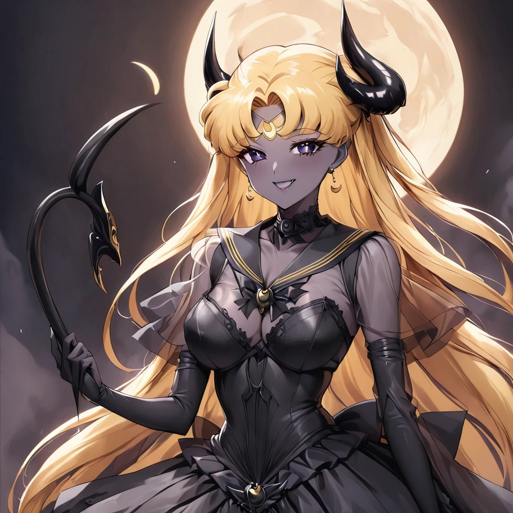 ((Highest quality)), ((masterpiece)), (detailed), (Perfect Face)、The woman is the Dark Queen of the Black Moon of the Black Moon Clan, a demon warrior of lust and evil, the Demon Queen Devil Sailor Moon, and the woman is a sexy female demon with jet black skin, Devil Sailor Moon.、The woman is a jet-black female demon with magnificent devil horns, jet-black devil wings, and a jet-black tail, her skin is jet-black, and she has a black inverted crescent moon mark on her forehead, and her gorgeous black skin is visible through her black see-through ta Gothic Victorian wedding dress, a black wedding veil, and a black see-through cape. She is a devil bride, a jet-black demon named Devil Sailor Moon, and has blonde hair, looking at the camera with a happy expression.2The expression of a girl in love with her long hair tied up、Woman is Devil Sailor Moon