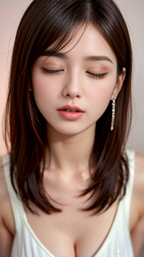 (24 year old lover), (Big Breasts:1.3),Showing small areola,On the bed, (Maximum resolution: 1.4), (super high quality: 1.2), Cinematic Light, super high quality,My cheeks are red.:1.2、 (Beautiful eyes and skin), (Detailed facial features), 8K resolution, Perfect Style, Beautiful expression、Highly detailed face and skin texture、Detailed eyes、double eyelid、Glitter Eyeliner:1.2、Shiny skin、pure White skin:1.8、White skin:1.8、Red lipstick、Dark lipstick:1.2、Shiny small earrings、Wet lips:1.2,Glossy Lips:1.2、(Straight Hairstyles、Light brown hair)、(Look forward:1.2),Long Hair、(Close your eyes and ask for a kiss:1.3),From above, ((One-length haircuts)),, Exposed cleavage, look up, Please lift your chin, Please open your mouth a little, Wait for a kiss, stick out your tongue a little, Look up