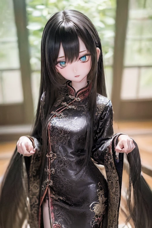 (SFW:2), photorealistic, realistic photo, ((highest quality)), ((masterpiece)), ((extremely detailed)), kukolnydom, doll, (mature woman, yo, 17.6), solo, ((cowboy shot, standing
, skinny, slender, slim, china dress, qipao)), green eyes, parted lips, (black hair, long hair, looking at another, blank eyes, empty eyes, detailed eyes, detailed clothes:1.3), chinese room, 8k