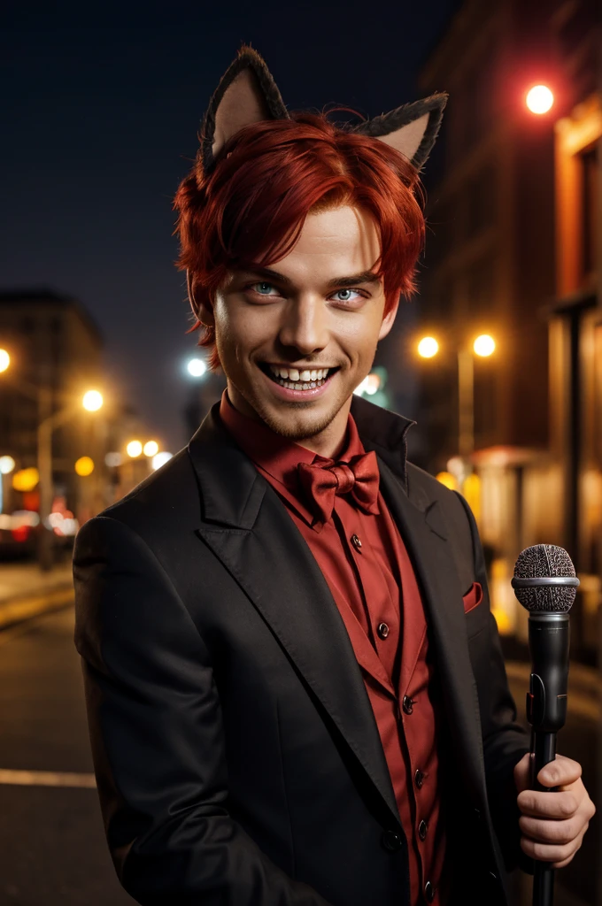 masterpiece, best quality, outdoors, building, looking at viewer, ((scarlet sky:1.3)), standing, city, cityscape, street, beautiful lighting, RAW photo, 8k uhd, colorful,
masterpiece, best quality, bowtie, jacket, monocle, microphone, suit, 1boy, solo, animal ears, sharp teeth, red eyes, teeth, bow, smile, looking at viewer, slit pupils, red hair, grin, multicolored hair, red sclera, holding microphone, dark background, terror theme
at night,darkness,(no light:1.4),(glowing eyes:1.2), ((SCARLET EYES)), ((red eyes),