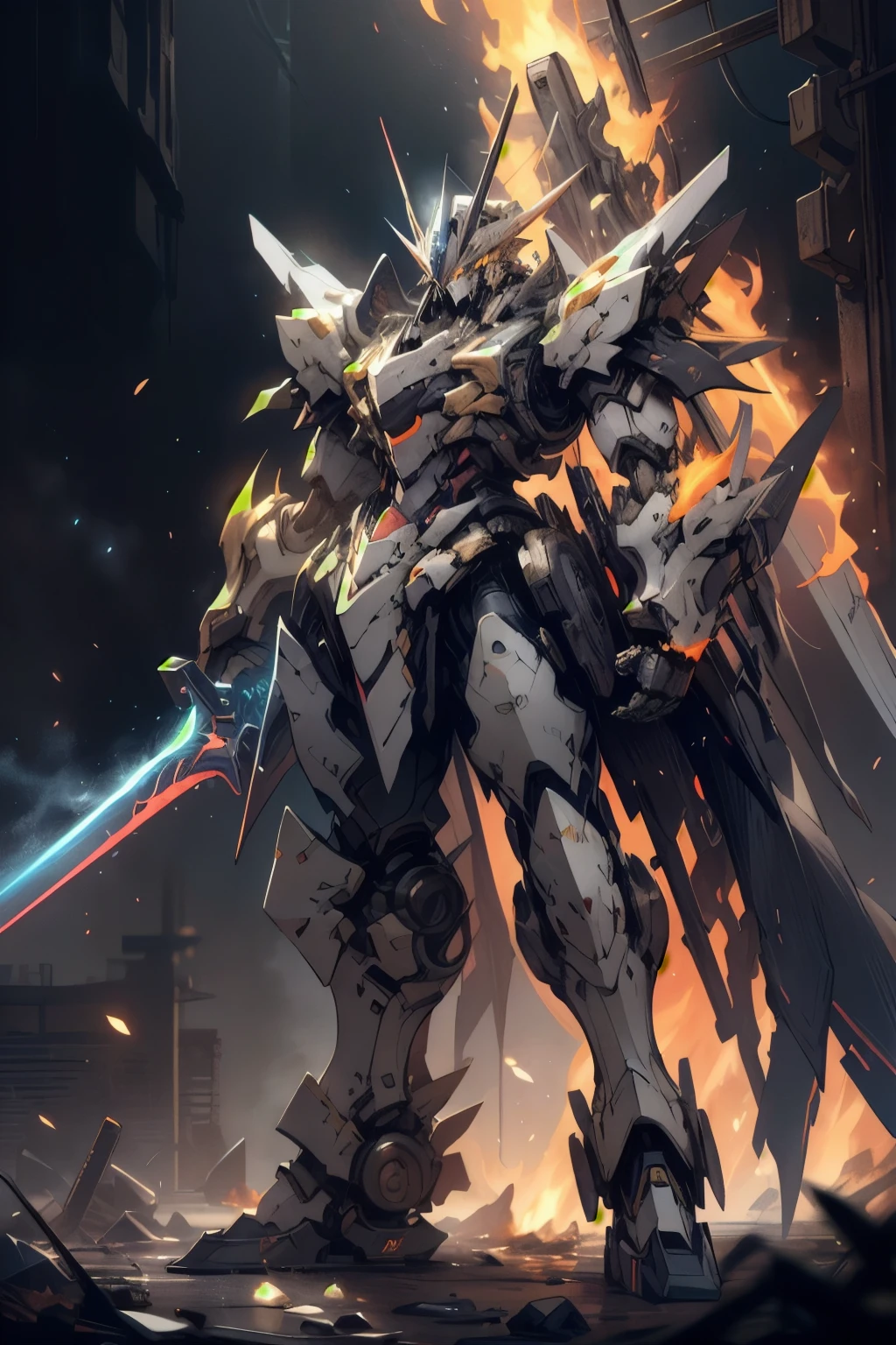 masterpiece,nijimecha,Golden samurai mechs,heavy mechs,heavy armor,energy cores,crystals,stubby limbs,glowing eyes,fire,glow,standing,taller,larger,no human,neon punk,Glitch Art,universe,