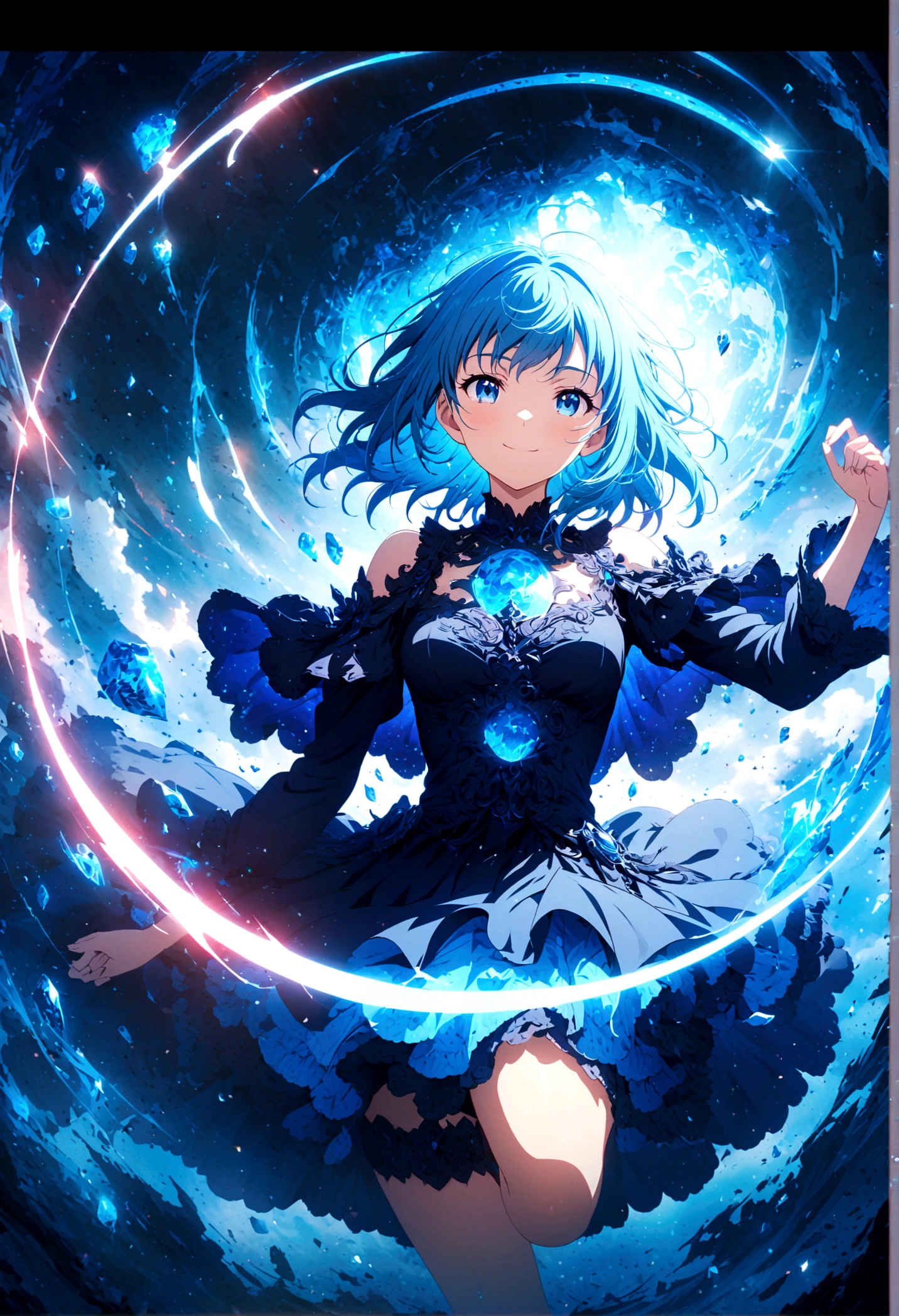 Anime style, ultra-detailed, 8K CG, blue-haired girl, smile, blue world, mysterious blue objects floating.