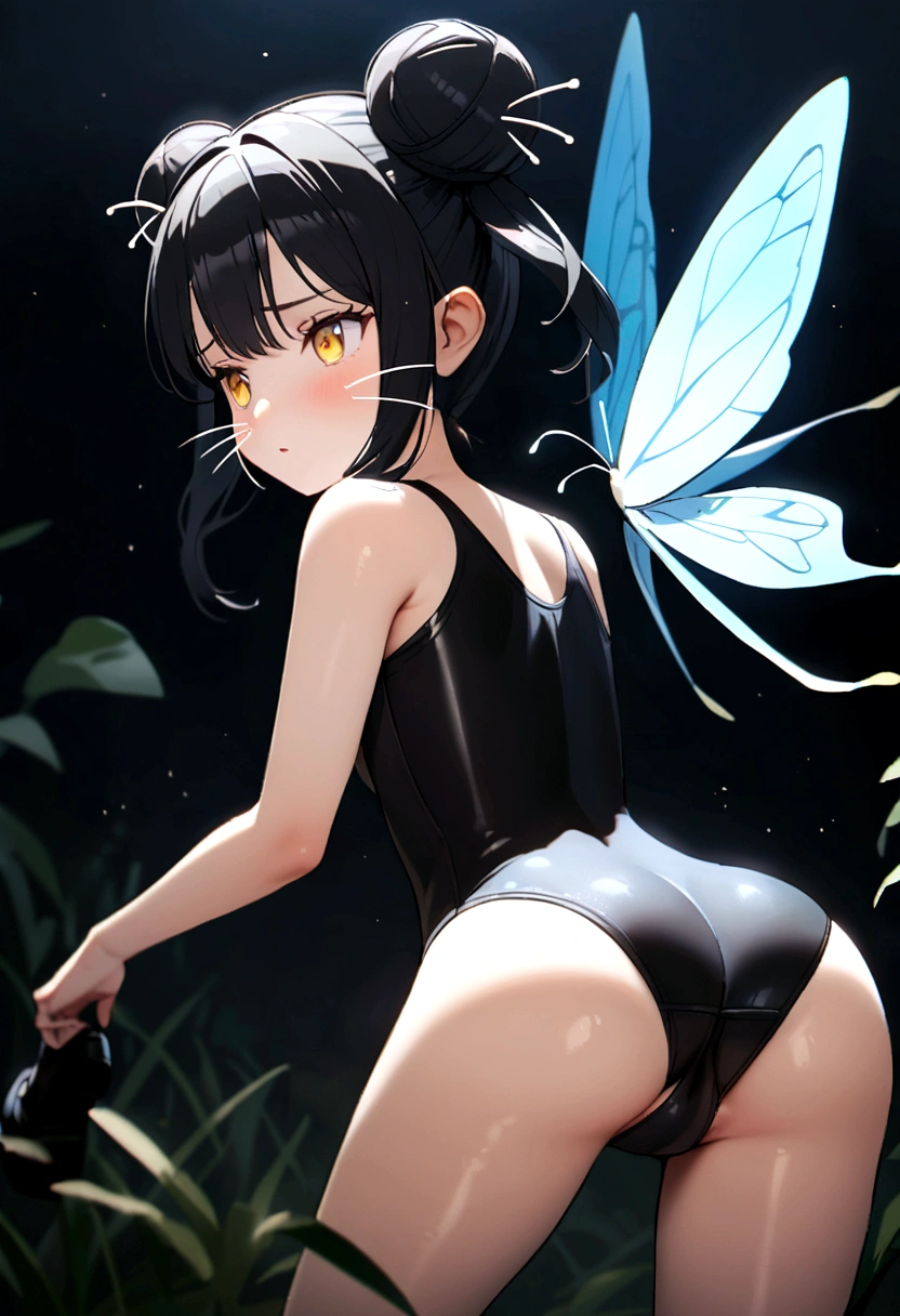 Butterfly fairy girl, black hair tied in two long buns to her buttocks, yellow eyes, 2 butterfly whiskers on her head, blue wings with black edges, wearing tight black clothes like swimsuit, black shoes with black bow.