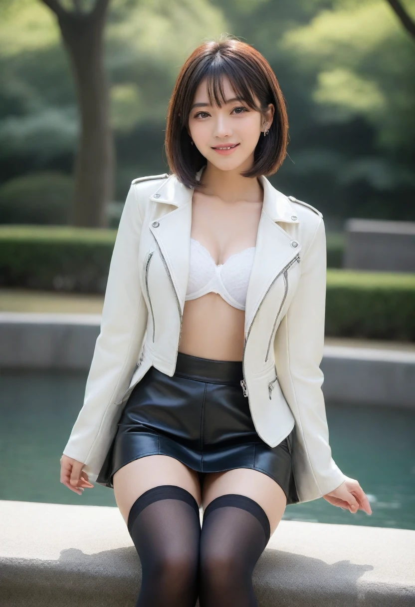 8K, Ultra-high resolution, Highest quality, masterpiece, 三分割法によるphotograph,Surreal, photograph, 1 Girl, (16 years old:1.3), pretty girl, Cute face, Beautiful eyes in every detail, 細かくdetailedに,masterpiece,, One Girl:1.2, Japan Female Announcer,whole body, ((Biologically correct limb count))、((whole bodyショット, 顔を含むwhole bodyphotograph、頭からつま先までのphotograph))、((Focus on the face))、((Symmetrical facial features))、((Shiny black stockings、shiny leather skirt、White Leather Jacket、High heels with anklets))、((Sitting on the edge of a fountain in the park early in the morning, Look straight into the camera))、whole bodyの接写、Panty shot,Beautiful leg line beauty,Captivating thighs,A carefree smile,Heal the heart,Black Hair,Short Bob,Looking at the audience、beauty,Long neck、Laugh a little、Please close your mouth and laugh、(((Ideal body type))),A cup small breasts :2,、Portraiture:2、Perfect Anatomy、鮮明なdetailed、detailed、Surreal、Light and shadow,Strong light