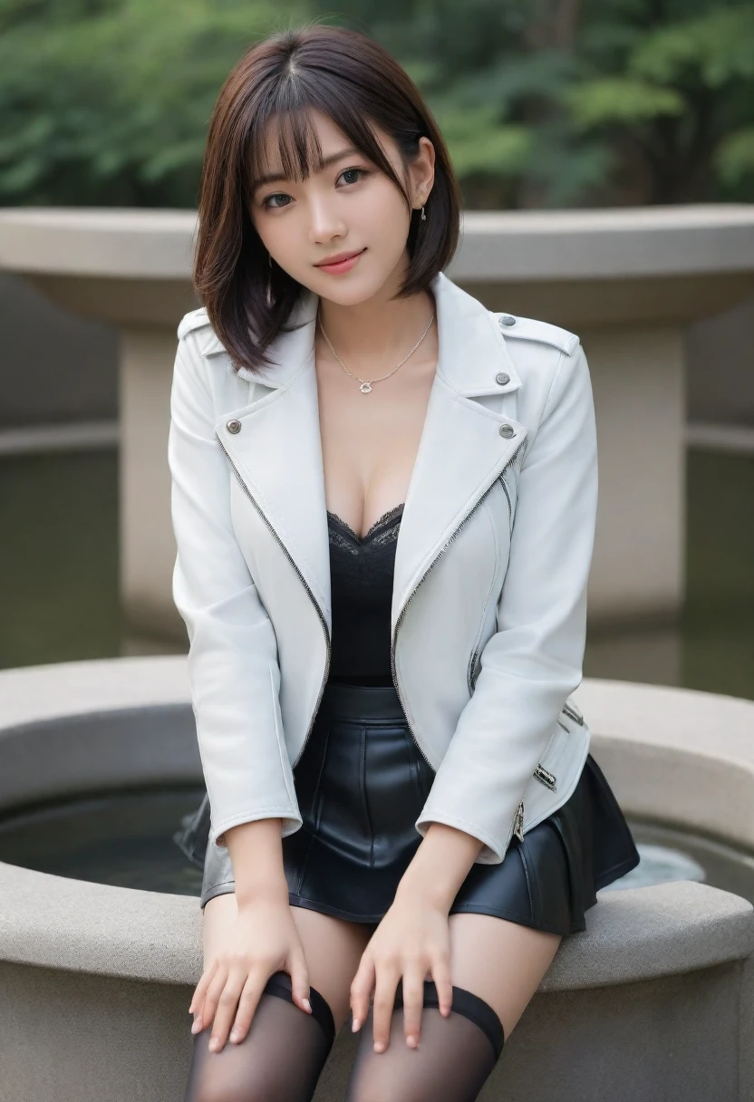 8K, Ultra-high resolution, Highest quality, masterpiece, 三分割法によるphotograph,Surreal, photograph, 1 Girl, (:1.3), pretty girl, Cute face, Beautiful eyes in every detail, 細かくdetailedに,masterpiece,, One Girl:1.2, Japan Female Announcer,whole body, ((Biologically correct limb count))、((whole bodyショット, 顔を含むwhole bodyphotograph、頭からつま先までのphotograph))、((Focus on the face))、((Symmetrical facial features))、((Shiny black stockings、shiny leather skirt、White Leather Jacket、High heels with anklets))、((Sitting on the edge of a fountain in the park early in the morning, Look straight into the camera))、whole bodyの接写、Panty shot,Beautiful leg line beauty,Captivating thighs,A carefree smile,Heal the heart,Black Hair,Short Bob,Looking at the audience、beauty,Long neck、Laugh a little、Please close your mouth and laugh、(((Ideal body type))),A cup small breasts :2,、Portraiture:2、Perfect Anatomy、鮮明なdetailed、detailed、Surreal、Light and shadow,Strong light