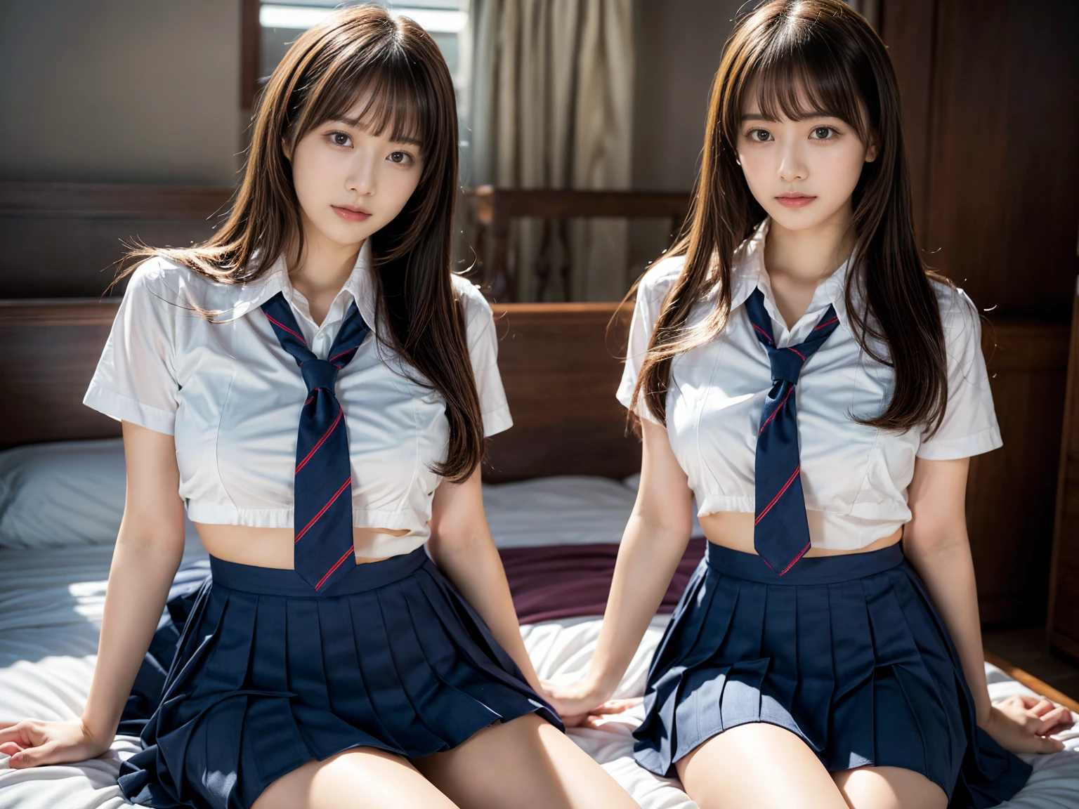 (RAW photo, 4k, masterpiece, high resolution, extremely complex) (realistic: 1.4), cinematic lighting
((2 girls, 2 schoolgirls)),Slam Dunk's,blushing,((innocent)),(Dark makeup),bright eyes,round eyes,blunt bangs,(straight hair:1.3),black hair,large breasts,wide hips,Summer Noon, 20 year old girl、cute type、ta,Hot, (Best Quality), (Highres), (an Extremely Delicate and Beautiful),(Beautiful 8k face),(Brown eyes),short bob hair,( spectators),(gigantic breasts),(Play with each other,Touching each other's bodies,Touching the body),(Japanese high school uniform:1.3),blue skirt,(reality),bright lighting,(The background is a luxury hotel room)