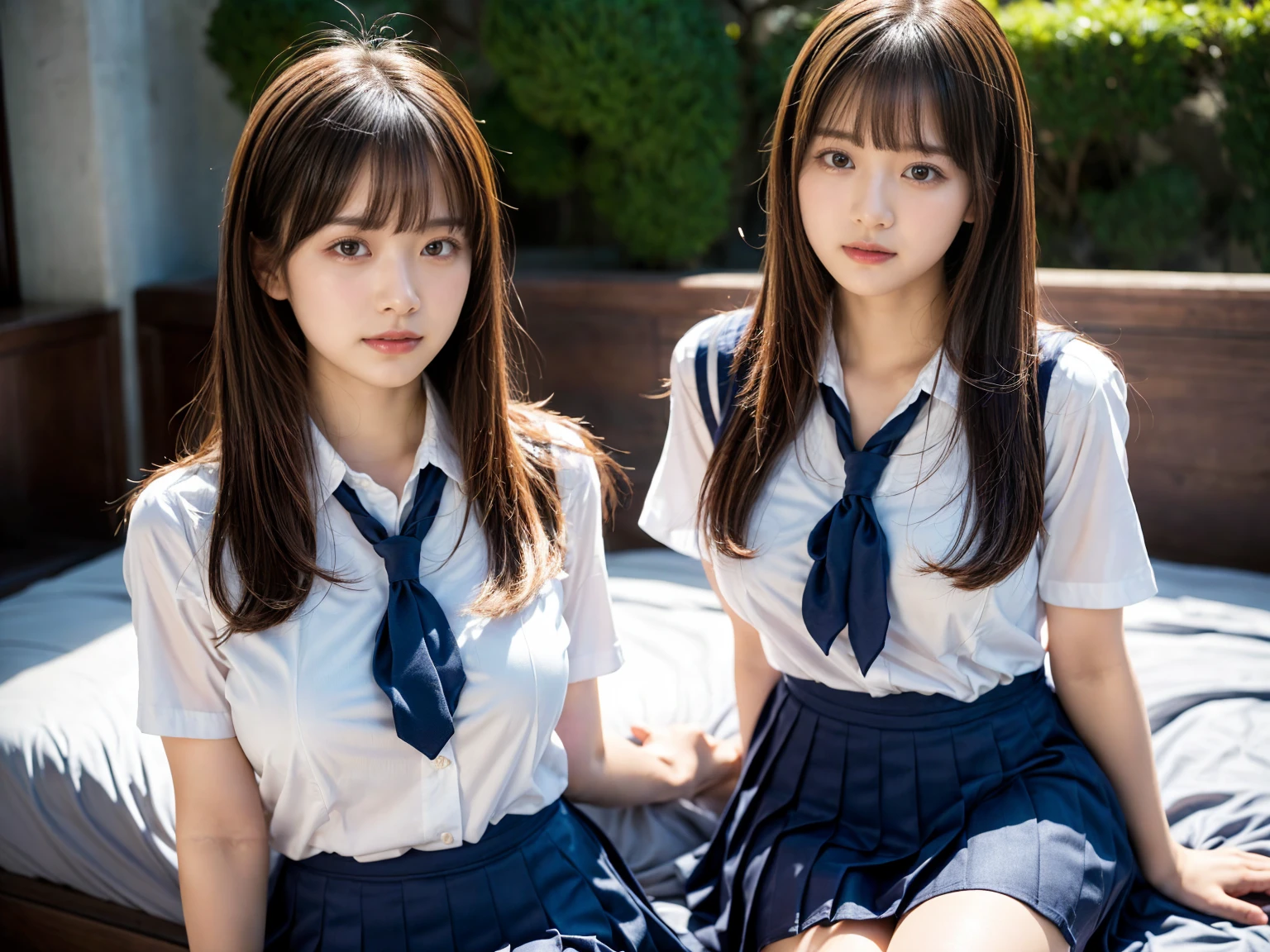 (RAW photo, 4k, masterpiece, high resolution, extremely complex) (realistic: 1.4), cinematic lighting
((2 girls, 2 schoolgirls)),Slam Dunk's,blushing,((innocent)),(Dark makeup),bright eyes,round eyes,blunt bangs,(straight hair:1.3),black hair,large breasts,wide hips,Summer Noon, 20 year old girl、cute type、lolita,Hot, (Best Quality), (Highres), (an Extremely Delicate and Beautiful),(Beautiful 8k face),(Brown eyes),short bob hair,( spectators),(gigantic breasts),(Play with each other,Touching each other's bodies,Touching the body),(Japanese high school uniform:1.3),blue skirt,(reality),bright lighting,(The background is a luxury hotel room)