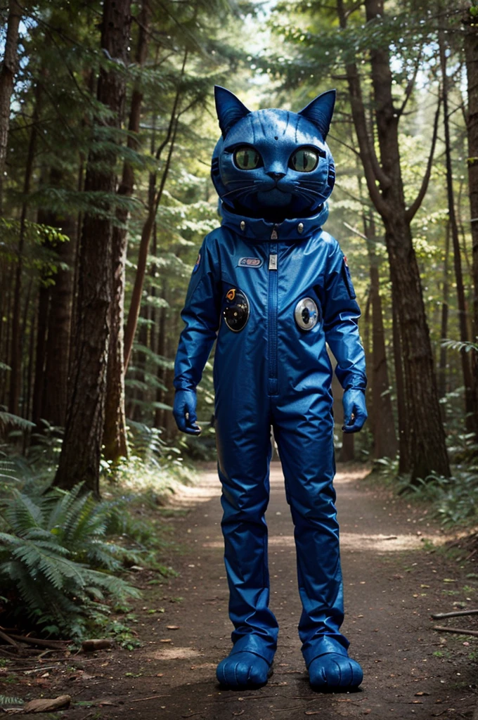 A bipedal cat alien on a colorful forested alien planet. Make the bipedal cat alien blue and tall and friendly. Wearing an alien space suit