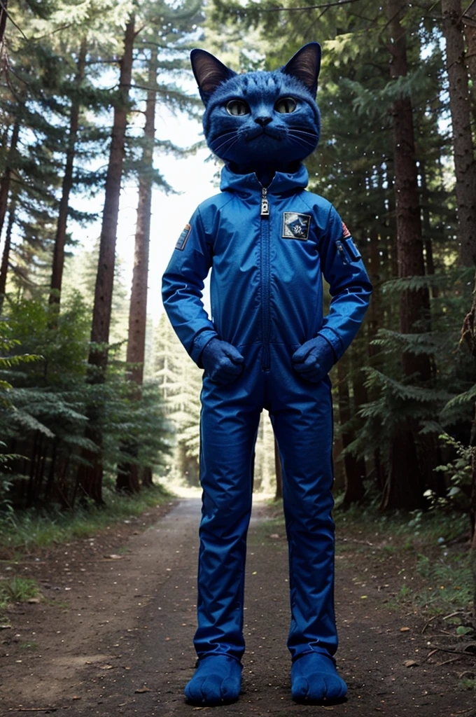 A bipedal cat alien on a colorful forested alien planet. Make the bipedal cat alien blue and tall and friendly. Wearing an alien space suit