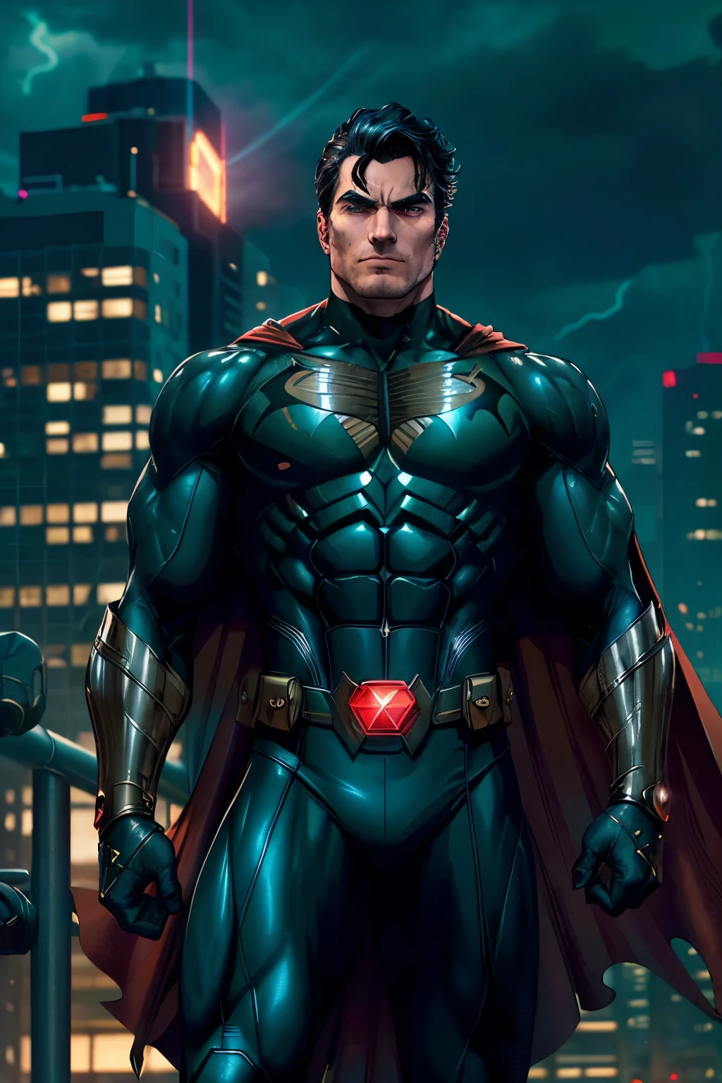 In the heart of a dystopian metropolis, shrouded in stormy skies and shadowy buildings, stands a dark and bizarre superhero. This enigmatic figure is a fusion of Superman's muscular physique and cape, yet his countenance bears the brooding intensity of Batman. His eyes, etched with unrelenting determination, pierce the inky night as neon lights flicker erratically in the background, casting an otherworldly glow.
His attire is a mesmerizing blend of high-tech armor and aquatic elements, reminiscent of Aquaman. The sleek, form-fitting suit is embellished with intr