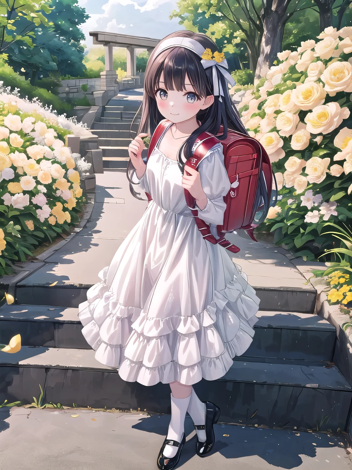 Masterpiece, hd, realistic, a girl with a cute dress, frilled dress,  dress, An incredibly charming carrying a backpack, (backpack:1.2), enjoying a lovely spring outing surrounded by beautiful yellow flowers and natural scenery, realistic photography, fullbody , wear black shoes, white long socks 