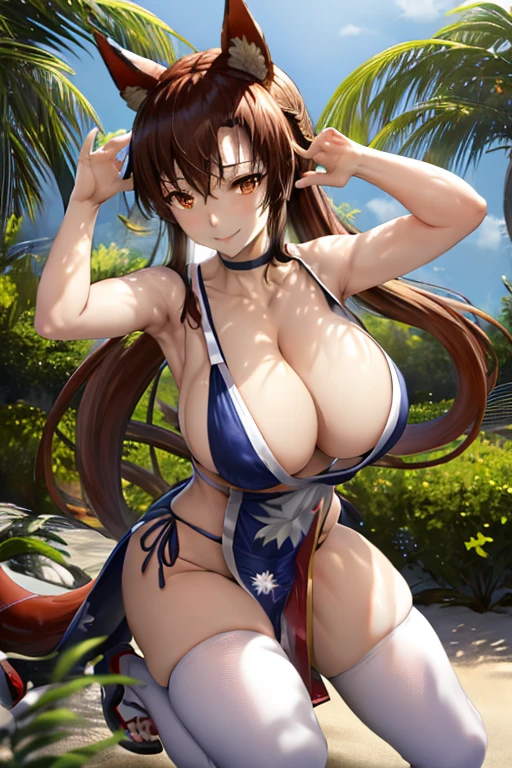 masterpiece, best quality, beautiful art, high resolution, well formed hands, body and fingers, 1 woman, solo, Imaizumi Kagerou, wolf ears and wolf tail, hair ornament,  adult, grown up, big breasted, cleavage,  full body, braided long hair, blue_japanese_clothes, wearing DOA Kasumi's blue kunoichi dress, sexy and skimpy japanese clothes, kimono peek, sleeveless, white stockings, gorgeous legs and thighs,fighting in a combat match, showing her fighting skills, making her guard, about to hit the viewer, looking at the viewer,   sweating, bouncing breasts, smiling joyfully and brightly, being confident and proud, action and fighting scene, martial arts arena with beach environment             