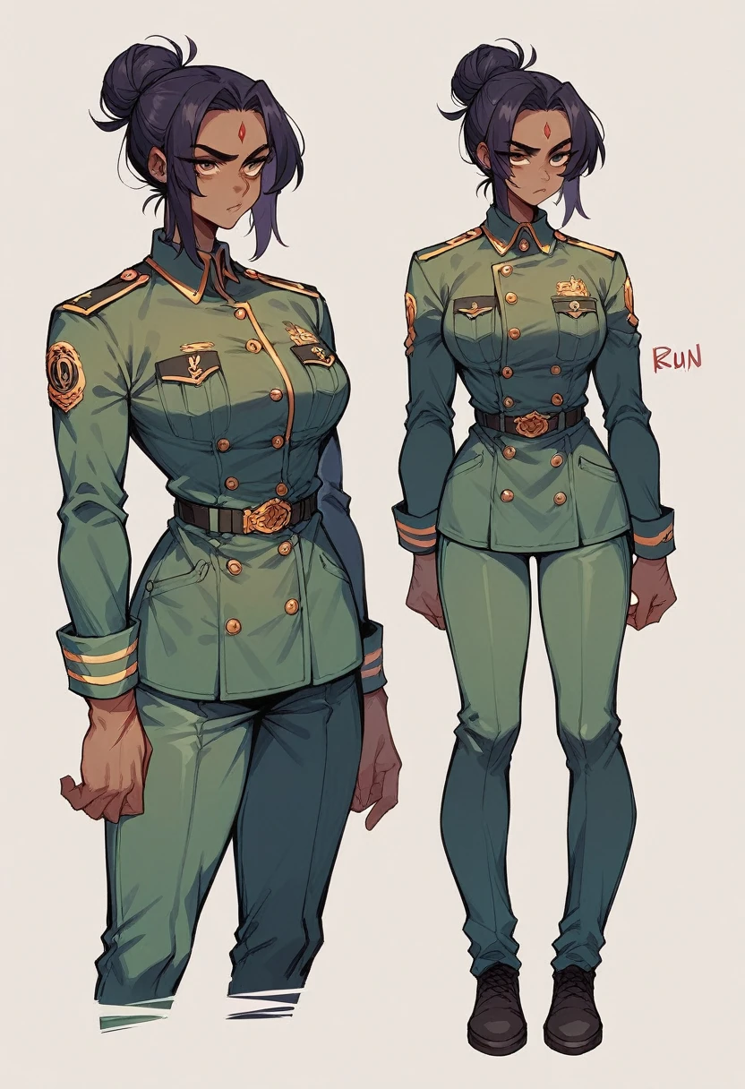 a military woman dressed in uniform of medium-tall height, with an athletic build, raven dark hair that is usually tied up in a neat high bun, and a face marked by scars from multiple operations that reflect seriousness and experience.