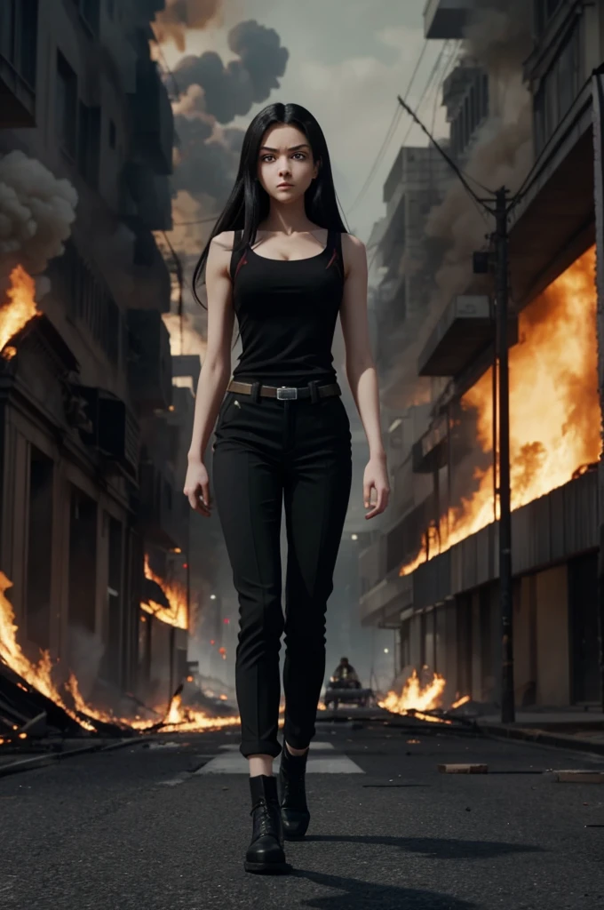 Screenshot of my hero academia.

beautiful woman.pale skin.long straight dark hair.large eyes,dark red eyes.long eyelashes.resentful expression on his face.black suit with sleeveless or high-necked t-shirt.loose black pants.walking as she walks away from a burning city behind her