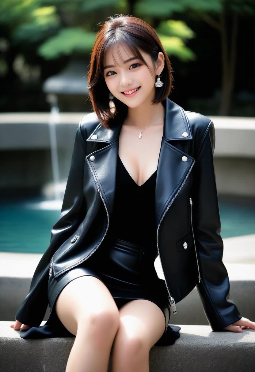 8K, Ultra-high resolution, Highest quality, masterpiece, 三分割法によるphotograph,Surreal, photograph, 1 Girl, (:1.3), pretty girl, Cute face, Beautiful eyes in every detail, 細かくdetailedに,masterpiece,, One Girl:1.2, Japan Female Announcer,whole body, ((Biologically correct limb count))、((whole bodyショット, 顔を含むwhole bodyphotograph、頭からつま先までのphotograph))、((Focus on the face))、((Symmetrical facial features))、((Shiny black stockings、shiny leather skirt、White Leather Jacket、High heels with anklets))、((Sitting on the edge of a fountain in the park early in the morning, Look straight into the camera))、whole bodyの接写、Panty shot,Beautiful leg line beauty,Captivating thighs,A carefree smile,Heal the heart,Black Hair,Short Bob,Looking at the audience、beauty,Long neck、Laugh a little、Please close your mouth and laugh、(((Ideal body type))),A cup small breasts :2,、Portraiture:2、Perfect Anatomy、鮮明なdetailed、detailed、Surreal、Light and shadow,Strong light
