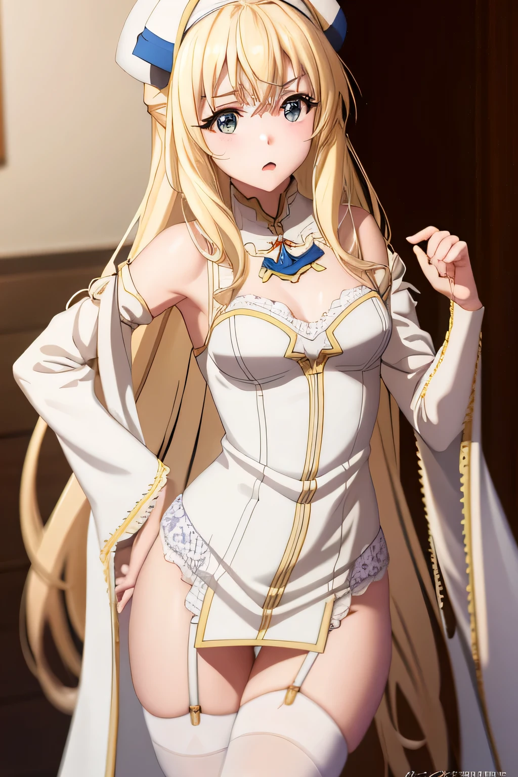 One girl, Asuna, Blonde , Long Hair,  blush, lingerie , Wearing a garter belt, Sexy pose,Very embarrassed、blush、Semi-nude、Large protruding nipples、Robe on head、topless、