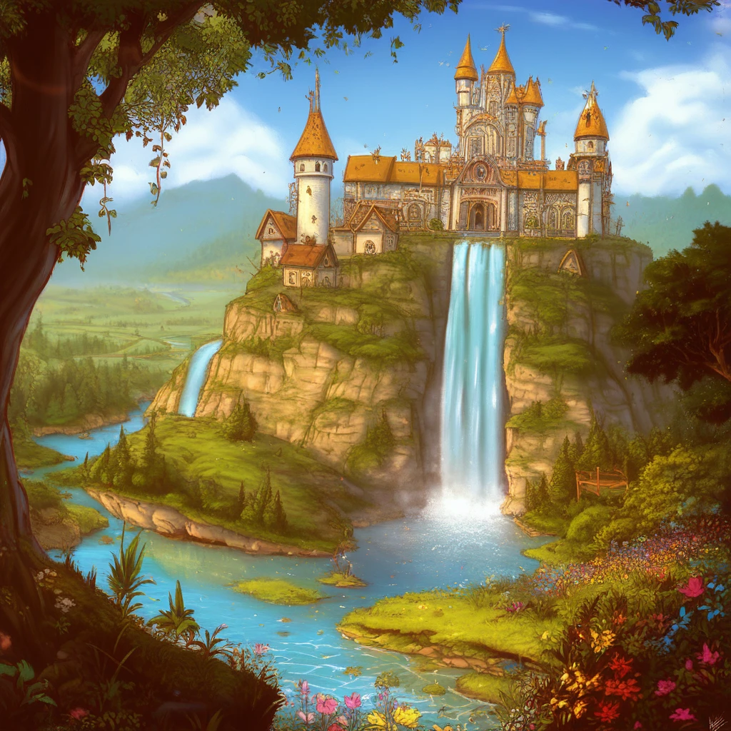 work of art, best qualityer, high qualiy, extremely detaild CG unit 8k wallpaper, paisaje, open air, sky, nube, giorno, large medieval castle, sin humanos, moutain, paisaje, water, Tree, blue sky, waterfall, cliff, naturey, lake, Riu, small town, Thu, nubey sky, multicolored flowers, rewarded photography, bokeh, Depth of field, hdr, blossom, Chromatic aberration, photorrealistic, extremely detaild, trend on artstation, trend in CG society, complex, high détail, dramatic, mid-journey art, Zane Phillips