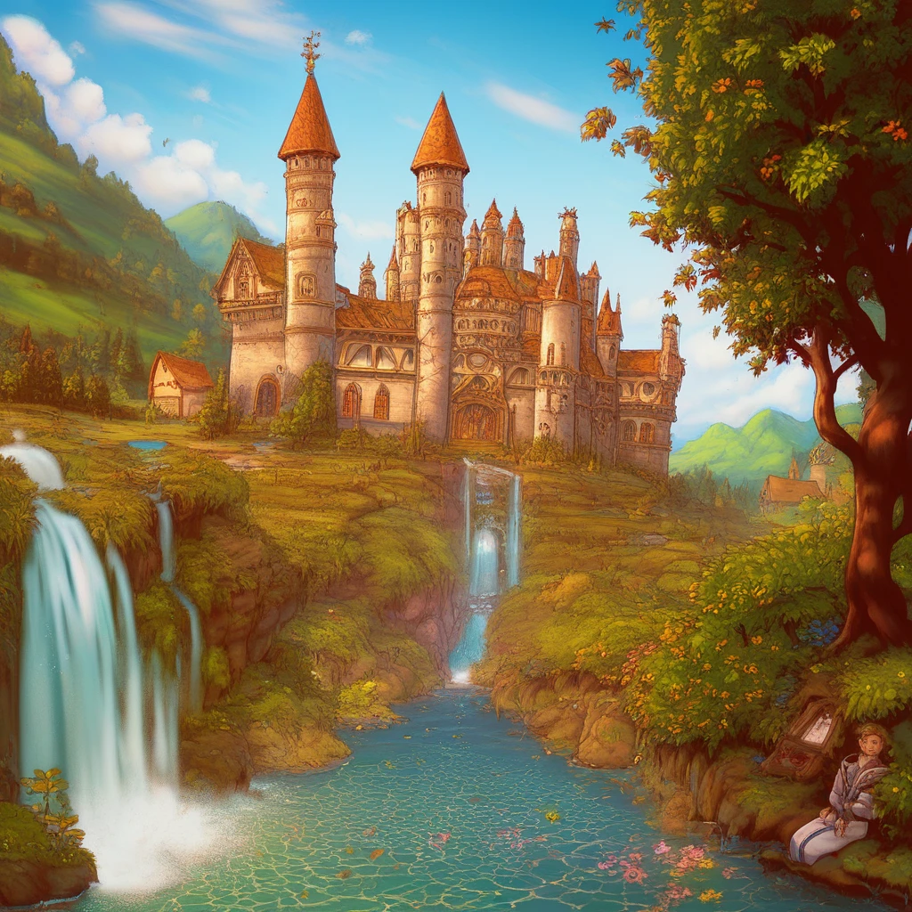 work of art, best qualityer, high qualiy, extremely detaild CG unit 8k wallpaper, paisaje, open air, sky, nube, giorno, large medieval castle, sin humanos, moutain, paisaje, water, Tree, blue sky, waterfall, cliff, naturey, lake, Riu, small town, Thu, nubey sky, multicolored flowers, rewarded photography, bokeh, Depth of field, hdr, blossom, Chromatic aberration, photorrealistic, extremely detaild, trend on artstation, trend in CG society, complex, high détail, dramatic, mid-journey art, Zane Phillips