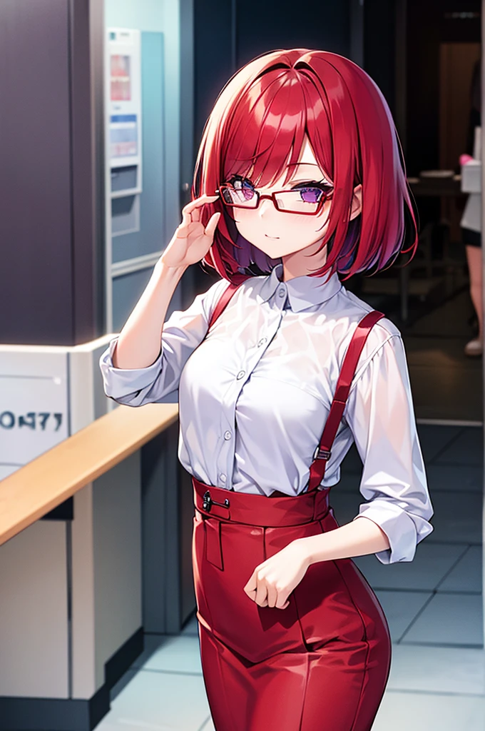 red hair bob cut、Purple Eyes、Wear glasses、Young Girl