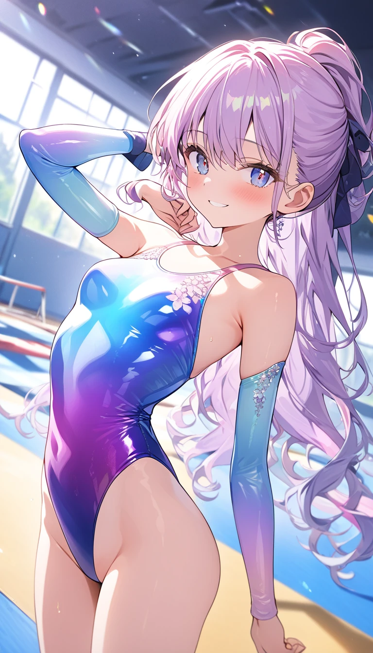 highquality illustration, masterpiece, very delicate and beautiful, attractive girl,(gymnastics leotard, Floral patterns leotard,long sleeve leotard with glittery decoration,high_leg leotard,athletic leotard,tight-fit leotard,iridescent gradient leotard,long-sleeve leotard),thin,slender body,slim,high school,gymnasium background,gymnastics club,gymnastics athlete,princess, beautiful eyes,light smile,(masterpiece, best quality:1.2), highres, extremely detailed CG unity 8k wallpaper, perfect lighting, Colourful, ultra-high res,4K,ultra-detailed, photography, 8K, HDR, 17 ages,