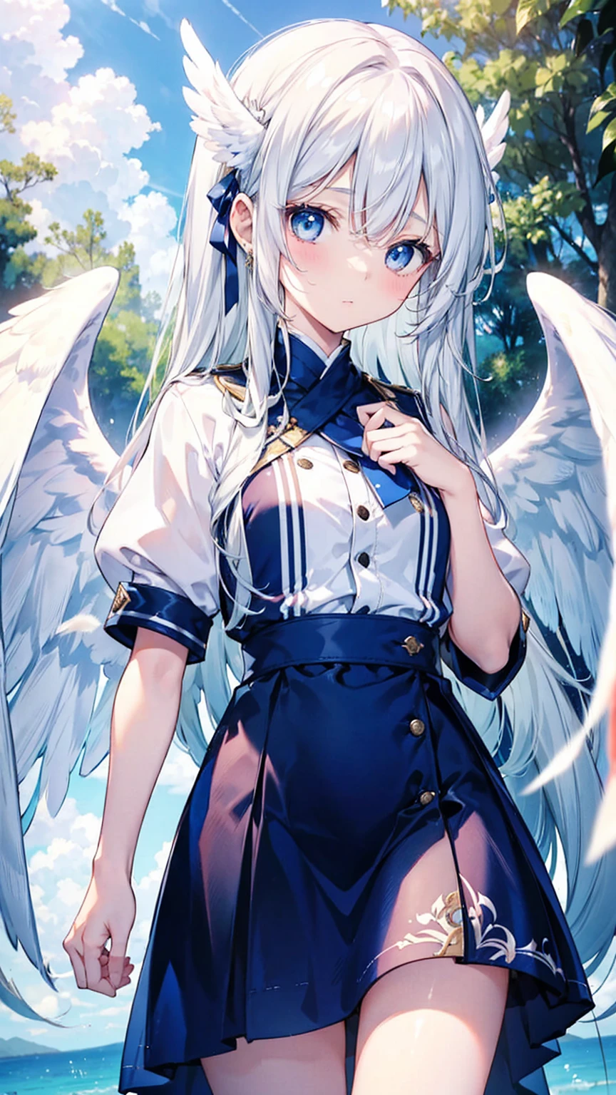 A pretty and cute girl with long white hair and blue eyes、15 years old、Angel wings on the back、I rolled my eyes and thought &quot;Oh, something&#39;s not right&quot;？I think、comical、Bright expression、White chiffon dress