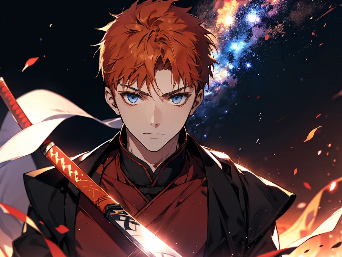 shirouemiya, shirou emiya 1 man, student, wearing brown , orange hair, short hair, blue eyes, face to detail, detailed eyes, the background is black galaxy, holding a katana