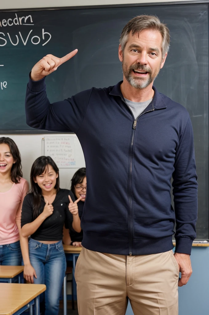 Mr. Johnson, a middle-aged teacher with a usually stern expression, standing in front of a blackboard or whiteboard, with a look of shock and embarrassment on his face. His pants are visibly wet, and his students are laughing and pointing in the background. The photo is likely taken with a smartphone and shared on social media, where it quickly goes viral. The caption "Even teachers have accidents!" adds to the humor and lightheartedness of the moment.