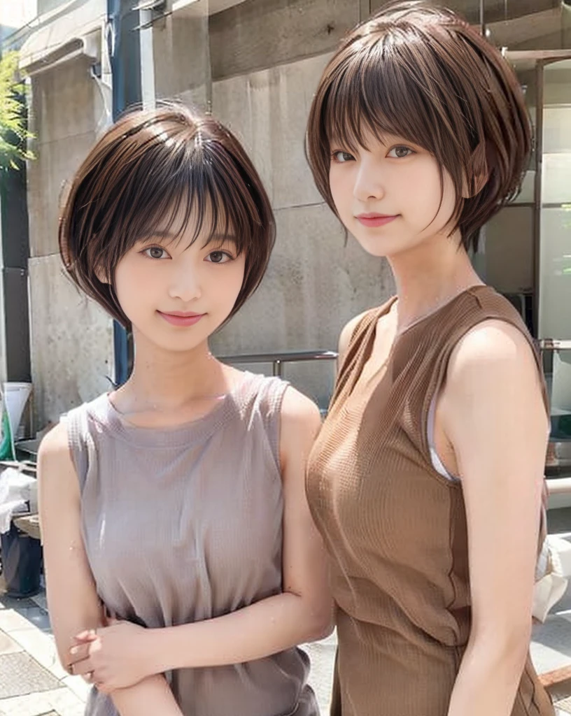 Very realistic photos,high resolution,High resolution,Detailed face,Japanese women,Group of 2,20-year-old,Photographed in natural light,In town,Tokyo,Looking into the camera,楽しそうなsmile,Natural clothing,Sleeveless dress,There are two people on camera,On the right is a short haircut,On the left is a hairstyle with long hair,Upper Body,smile