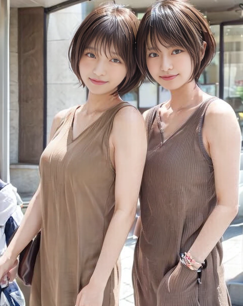 Very realistic photos,high resolution,High resolution,Detailed face,Japanese women,Group of 2,20-year-old,Photographed in natural light,In town,Tokyo,Looking into the camera,楽しそうなsmile,Natural clothing,Sleeveless dress,There are two people on camera,On the right is a short haircut,On the left is a hairstyle with long hair,Upper Body,smile