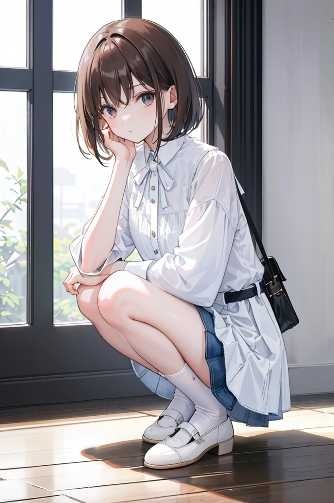 Photorealsitic, Bright indoor, Soft light, Low contrast, Shallow depth of field, Beautiful adult woman illuminated by gentle light, short length bangs, hair color is a dark chestnut shade with a slight brown tone, hair with a subtle and gentle wave, Short bob hair, (White blouses), (Denim miniskirt), (Silk White Socks), (pumps), (Full body:1.5), squatting, Blank white background