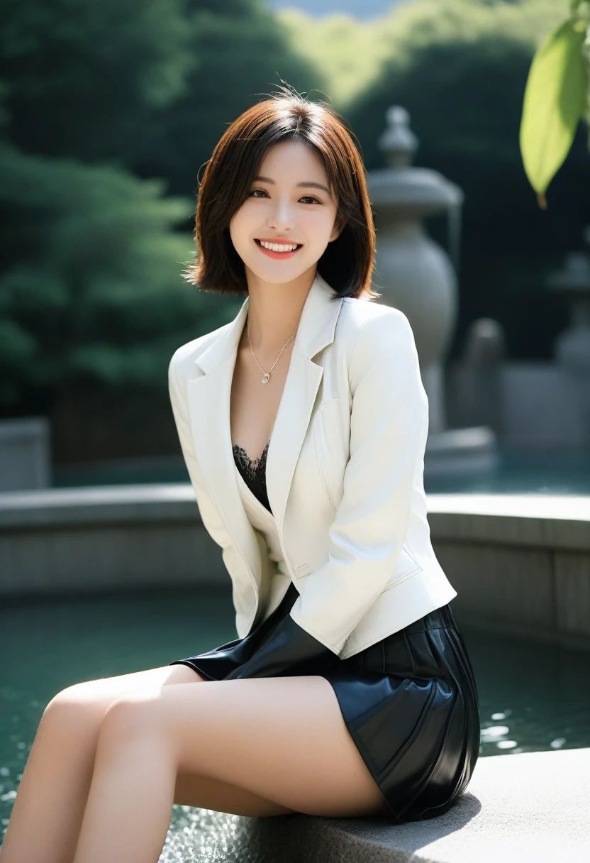 8K, Ultra-high resolution, Highest quality, masterpiece, 三分割法によるphotograph,Surreal, photograph, 1 Girl, (:1.3), pretty girl, Cute face, Beautiful eyes in every detail, 細かくdetailedに,masterpiece,, One Girl:1.2, Japan Female Announcer,whole body, ((Biologically correct limb count))、((whole bodyショット, 顔を含むwhole bodyphotograph、頭からつま先までのphotograph))、((Focus on the face))、((Symmetrical facial features))、((Shiny black stockings、shiny leather skirt、White Leather Jacket、High heels with anklets))、((Sitting on the edge of a fountain in the park early in the morning, Look straight into the camera))、whole bodyの接写、Panty shot,Beautiful leg line beauty,Captivating thighs,A carefree smile,Heal the heart,Black Hair,Short Bob,Looking at the audience、beauty,Long neck、Laugh a little、Please close your mouth and laugh、(((Ideal body type))),A cup small breasts :2,、Portraiture:2、Perfect Anatomy、鮮明なdetailed、detailed、Surreal、Light and shadow,Strong light