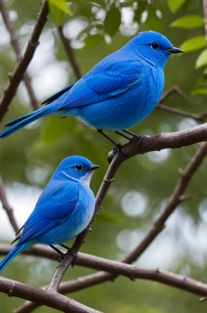 Create a blue bird on a tree branch with blurry backgrounds