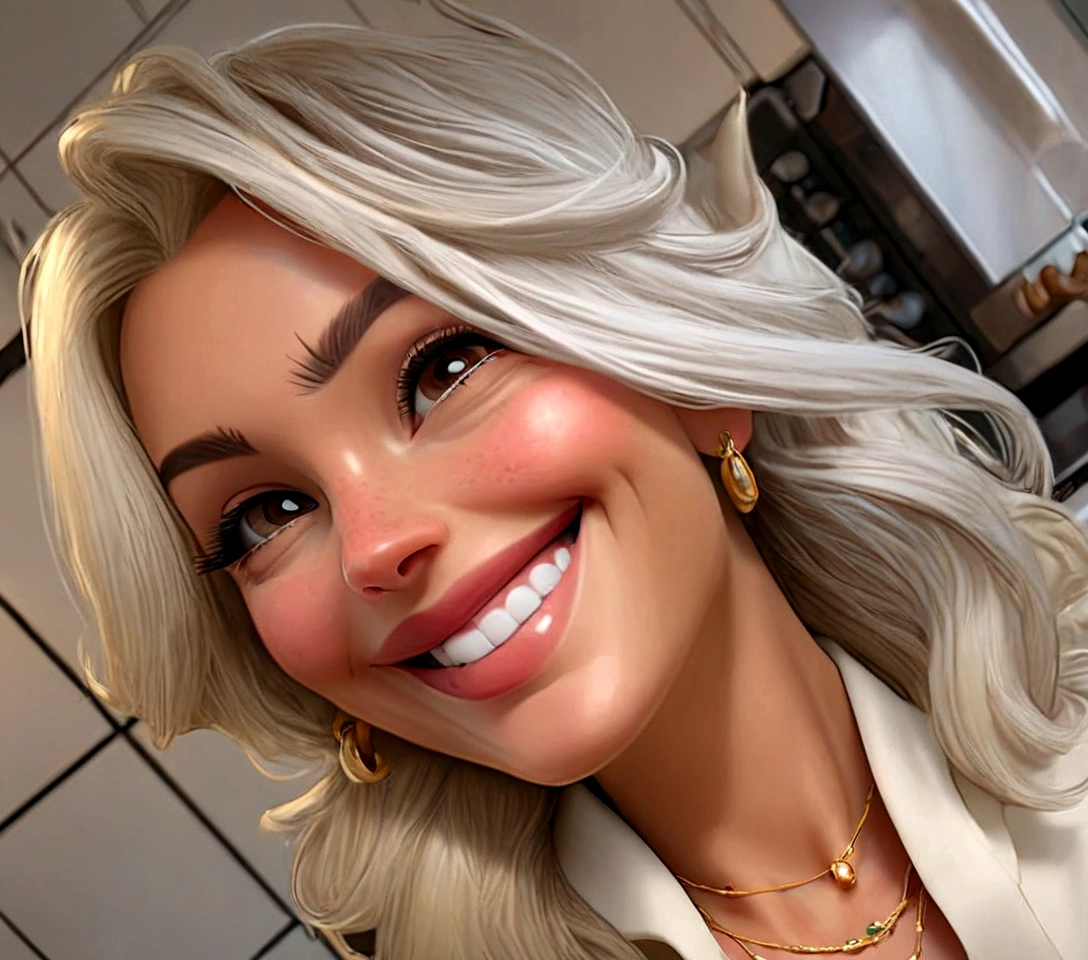 blond woman with white shirt and necklace smiling in kitchen, giorgia meloni, profile image, kailee mandel, niele toroni, 30 years old woman, 3 0 years old woman, headshot profile picture, close up of a blonde woman, holly bruce, taken in the early 2020s, beautiful and smiling, marischa becker