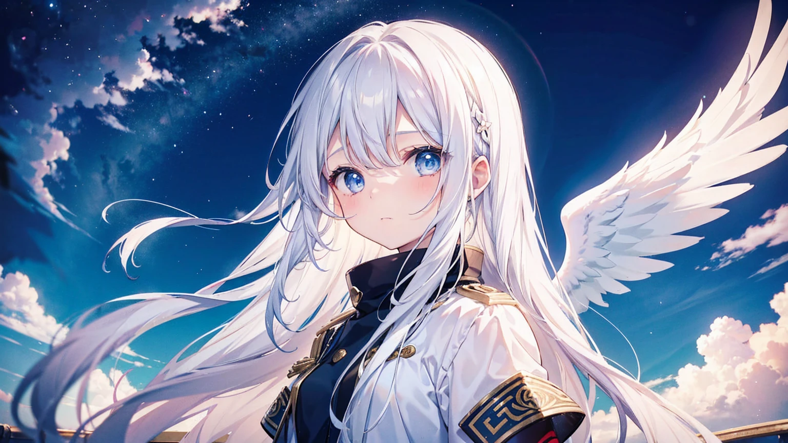 A pretty and cute girl with long white hair and blue eyes、15 years old、Angel wings on the back、I rolled my eyes and thought &quot;Oh, something&#39;s not right&quot;？I think、comical、Bright expression、White chiffon dress