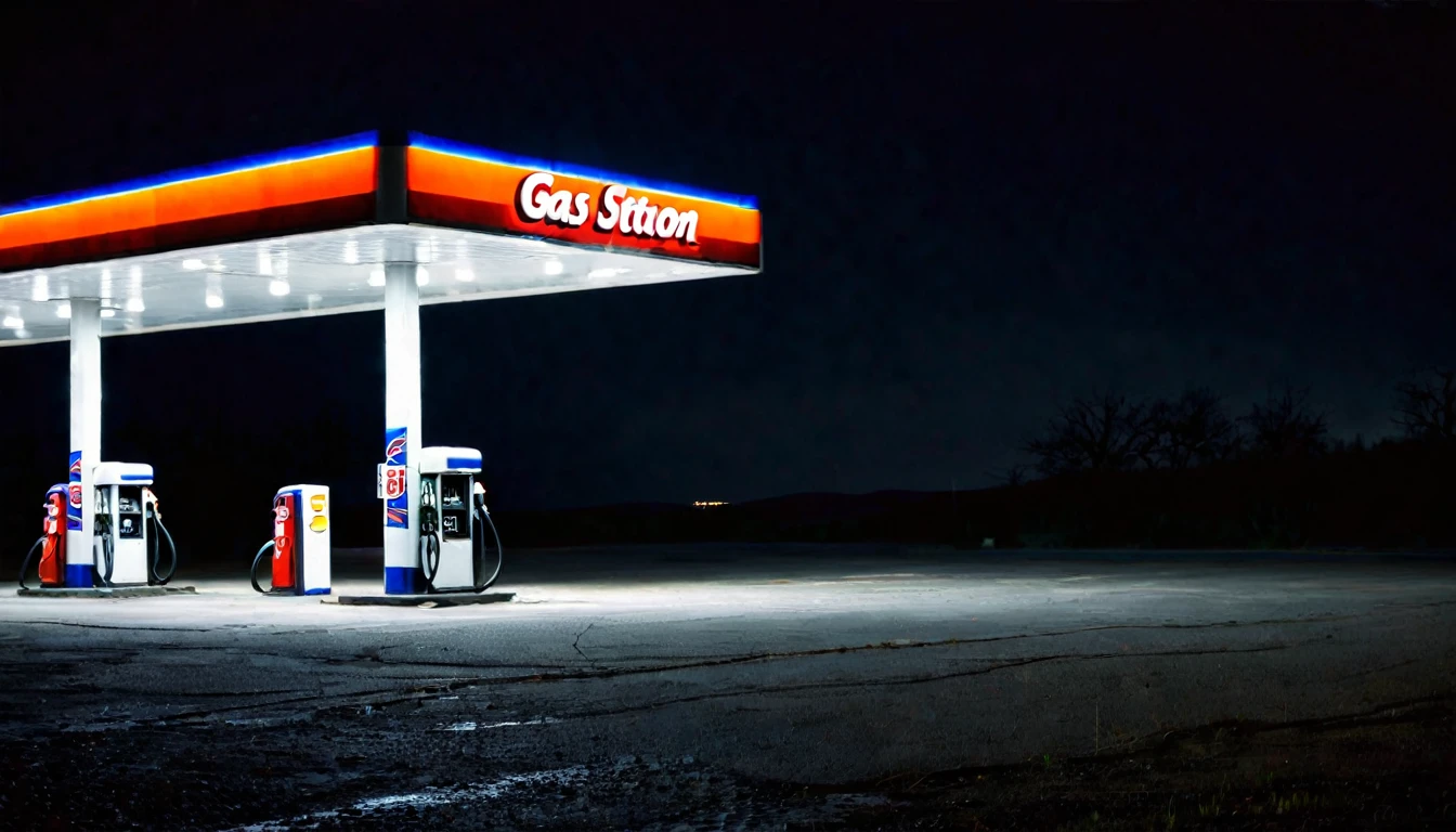 lonely car, gas station, dark night, ominous