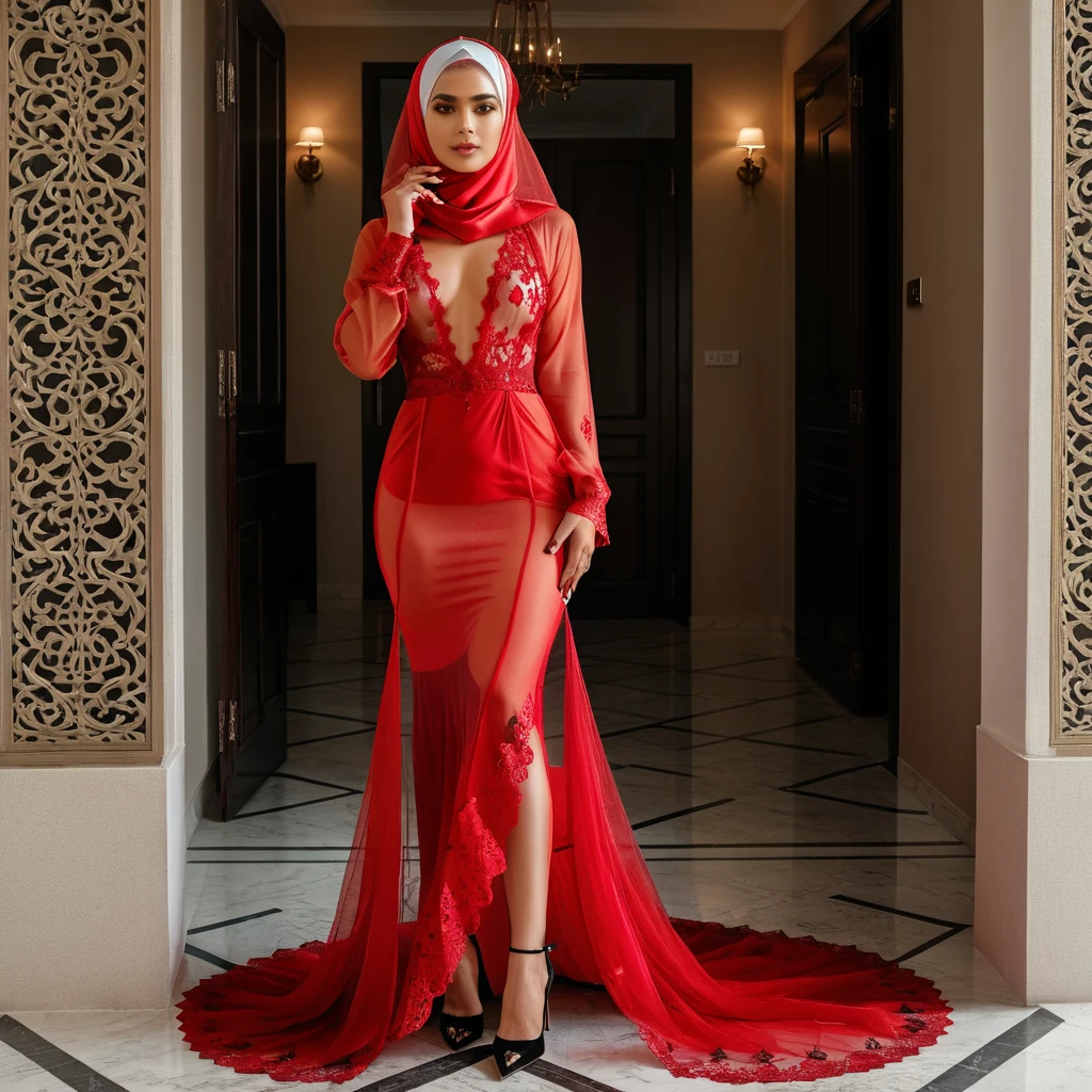 a woman in the translucent lace red gown, tight full body tied, transparent very long gown, nipple on with nipple piercing, wearing translucent veils, face cover with red lace veil, modern hijab, full body, long tail gown,mermaid tight long gown, flowy dramatic long gown, tall women, strugle to walk, sexy leg, wear high heels, walk in hotel coridor, masterpice