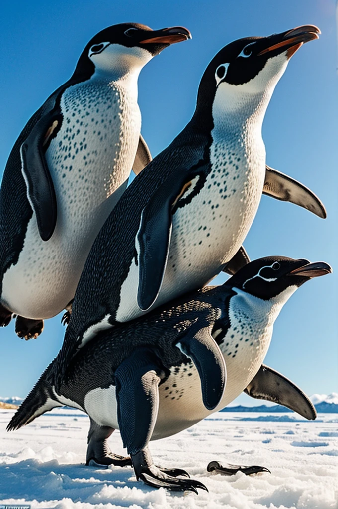 A cute  penguin riding a big T-rex being happy 