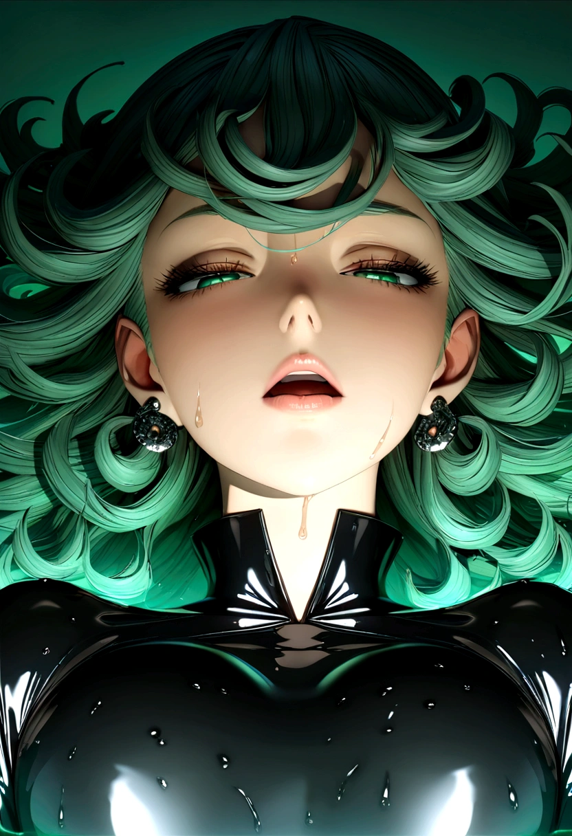 I want the entire image to be created in 3D anime style., 1 girl, Alone, old, looking at the viewer, short hair, Open mouth, hits, large old, dress, hair between the eyes, jewelry, green eyes, Upper part of the body, earrings, lying, parted lips, green fur, teeth, bright, in the back, water, black dress, lips, wet, eyelashes, mono, upper teeth only, half closed eyes, wet clothes, tight skin, partially submerged, green background, Curly hair, bright clothes, black mono, wet hair, latex, latex mono, Tatsumaki