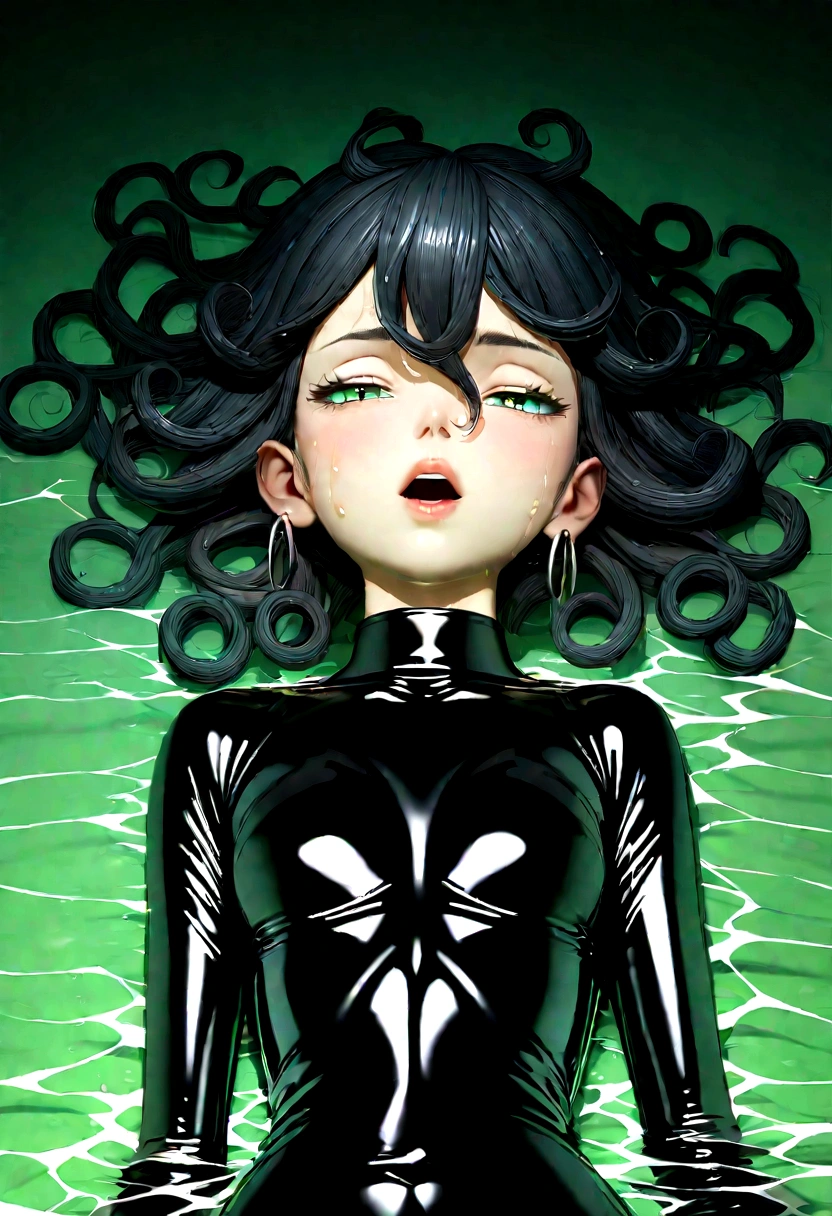 I want the entire image to be created in 3D anime style., 1 girl, Alone, old, looking at the viewer, short hair, Open mouth, hits, large old, dress, hair between the eyes, jewelry, green eyes, Upper part of the body, earrings, lying, parted lips, green fur, teeth, bright, in the back, water, black dress, lips, wet, eyelashes, mono, upper teeth only, half closed eyes, wet clothes, tight skin, partially submerged, green background, Curly hair, bright clothes, black mono, wet hair, latex, latex mono, Tatsumaki