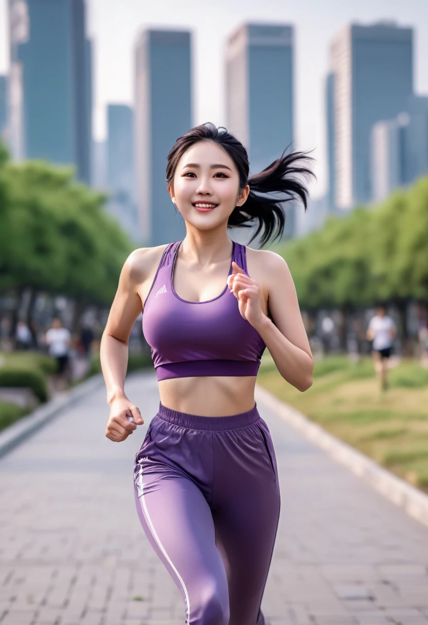 masterpiece, black hair, beautiful, elegant. Ultra-fine details, masterpieces, realistic textures, realistic cinematic lighting, perfect work, 8k, HD, delicate facial features, (Image from thighs to head), large breast, smile, (Japanese idol:1.2), Sleek gray and purple jogging attire, Focused running stride in an urban park, City park with modern skyline in the background, Energizing morning jog,