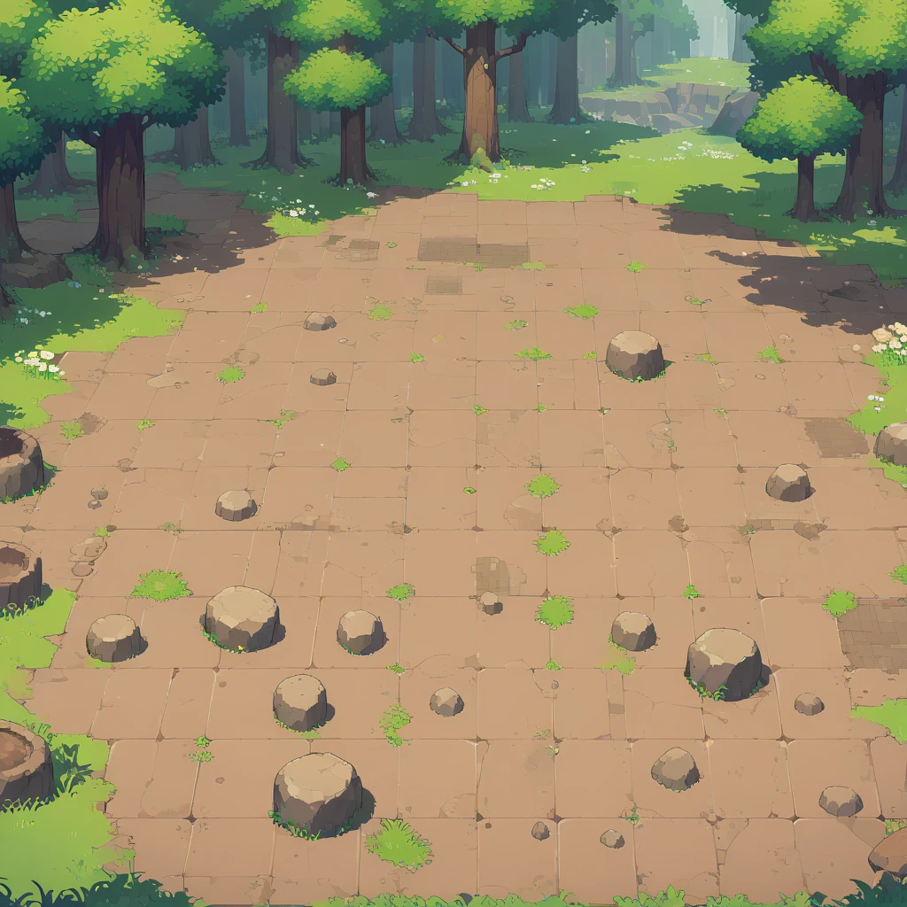 retro video game style,pixelated pastel colors,8-bit characters,blocky shapes,sharp lines,detailed shading,classic gaming vibe,nostalgic atmosphere,classic arcade games,masterpiece:1.2,ultra-detailed,illustration style, 2d texture, stone texture, 4 k seamless mud texture, video game texture, dirt texture, tileset, game tiles, grass, trees, rock texture, forest, topdown view, game texture, game art, dirt, , tileable texture, flowers, top down view, 3/4th perspective