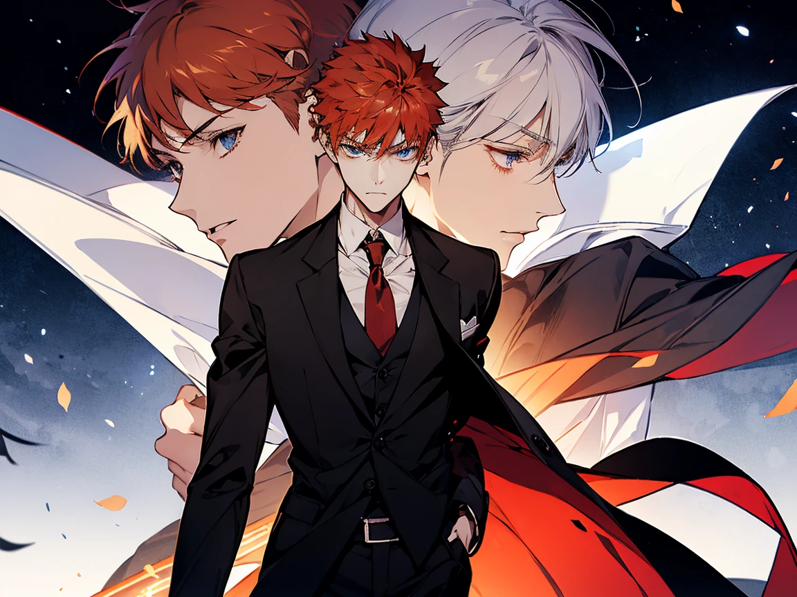 shirouemiya, shirou emiya 1 man, teacher, wearing white shirt, black suit, black long pants, orange hair, short hair, blue eyes, red tie, face to detail, detailed eyes, the background is black galaxy, holding a katana