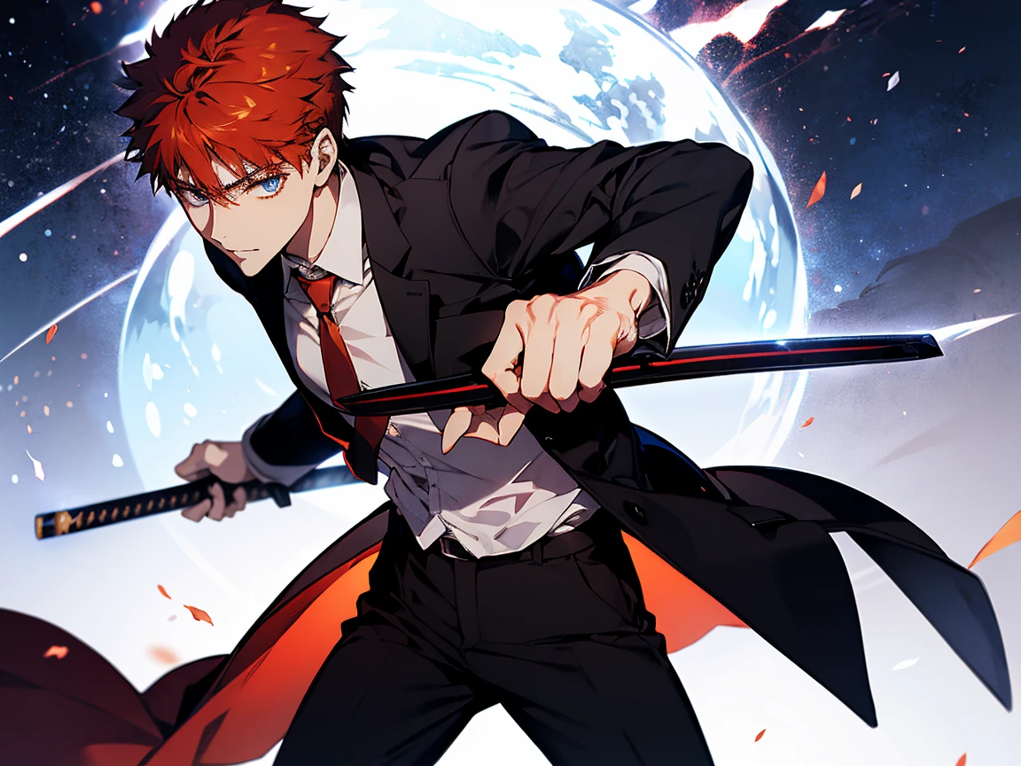 shirouemiya, shirou emiya 1 man, teacher, wearing white shirt, black suit, black long pants, orange hair, short hair, blue eyes, red tie, face to detail, detailed eyes, the background is black galaxy, holding a katana