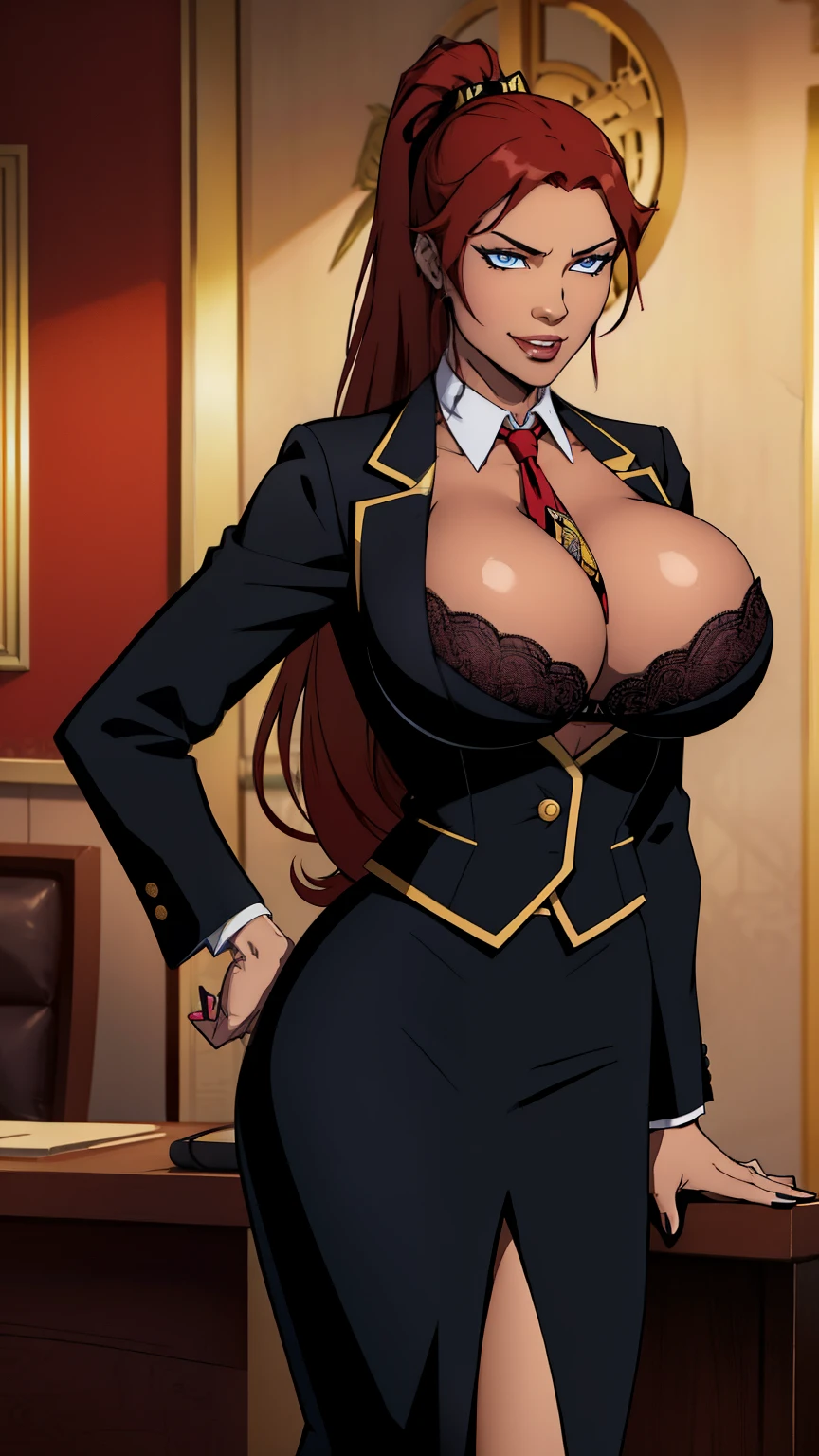 sexy japanese businesswoman, crimson wavy hairs with (side bang), very long (high ponytail), black and (yellow (ornate business suit)), (pencil skirt), (huge fakebreasts:0.7), deep v-cleavage, (lace bra), tanned skin, long necktie between breasts, sultry (blue eyes), ornate vest, seductive smile, tan skin, in an office
