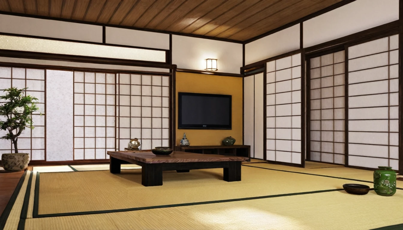 Old house in Japan, Japan tatami room,Japanese living room,Blur the background,Glitter effect,Highest quality, 8K, High resolution, masterpiece:1.2, Very detailed, Realistic:1.37, High resolution, 超High resolution, Ultra-fine painting, Very detailed, Professional, Vibrant colors