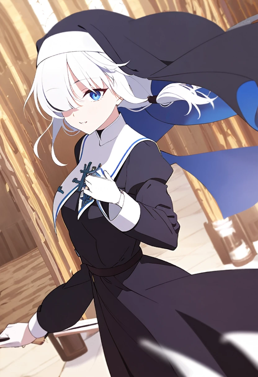 (A tall nun,White Hair,Hairstyle is short ponytail,Sharp blue eyes,Medium chest,Right eye covered by hair)All-black monk's robes、Black long skirt,Show the whole body