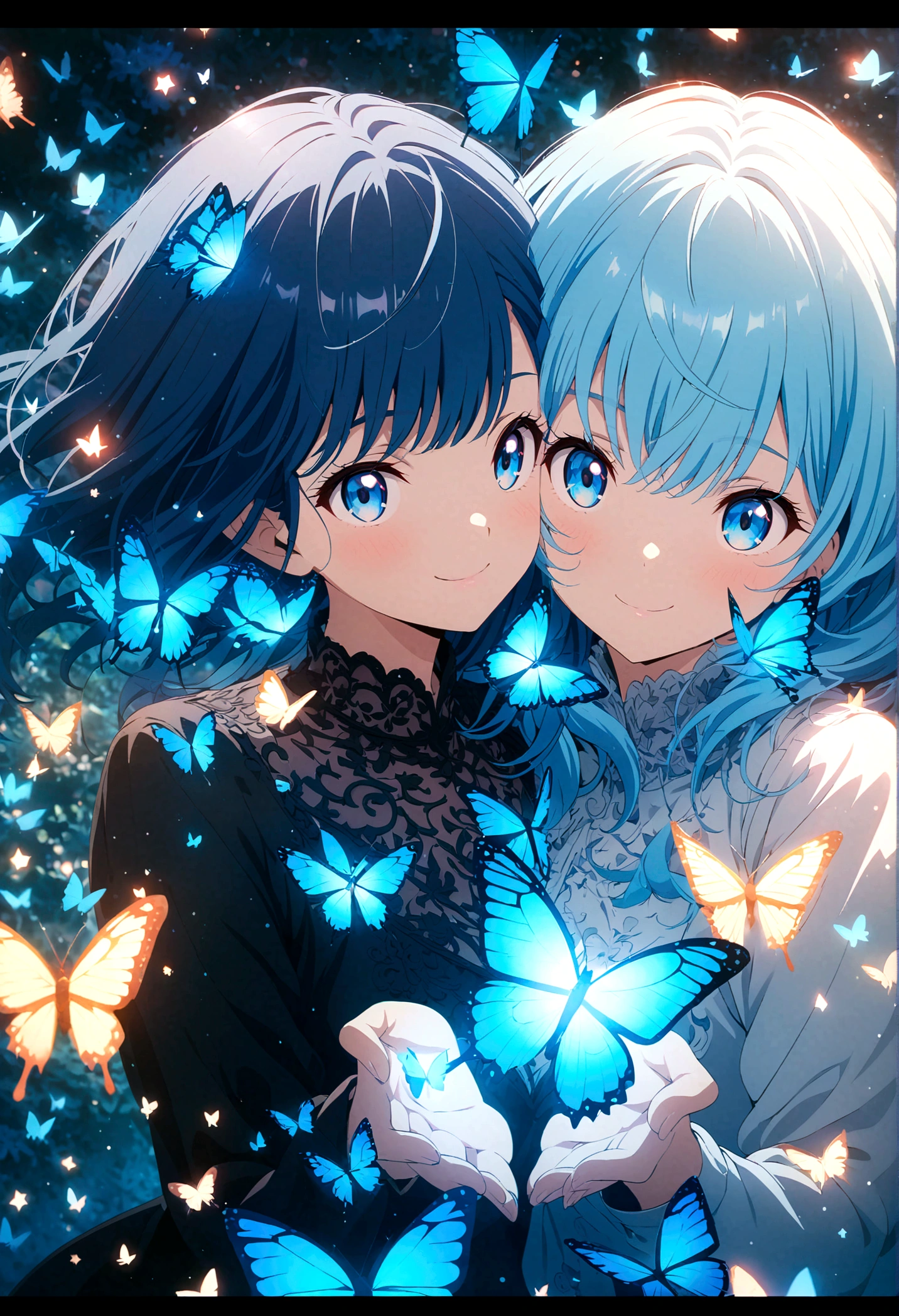Anime style, ultra-detailed, 8K CG, blue-haired girl, smile, blue world, mysterious blue objects floating, butterfly, star,